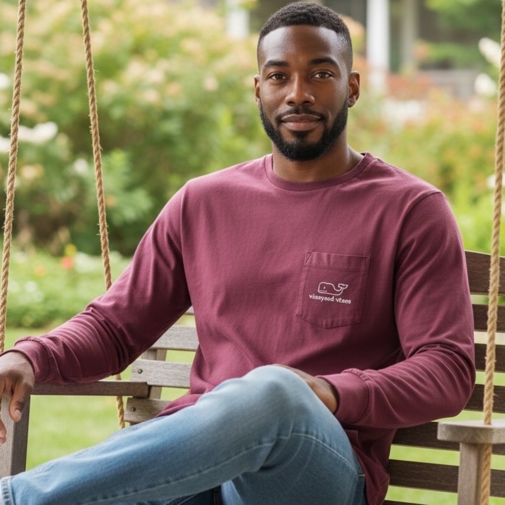 Vineyard Vines Mens Small Burgundy Long Sleeve Pocket Whale Logo Graphic T-Shirt